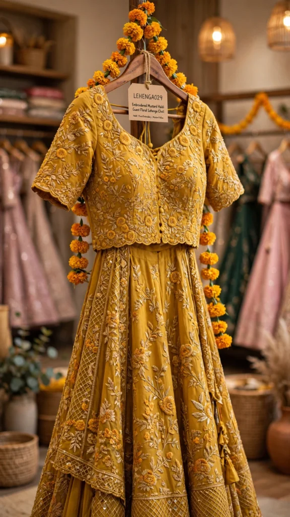 Sun-Kissed Mustard Floral Embroidered Lehenga Set – Festive Haldi Edit - Photo 1