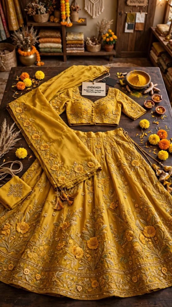 Sun-Kissed Mustard Floral Embroidered Lehenga Set – Festive Haldi Edit - Photo 2