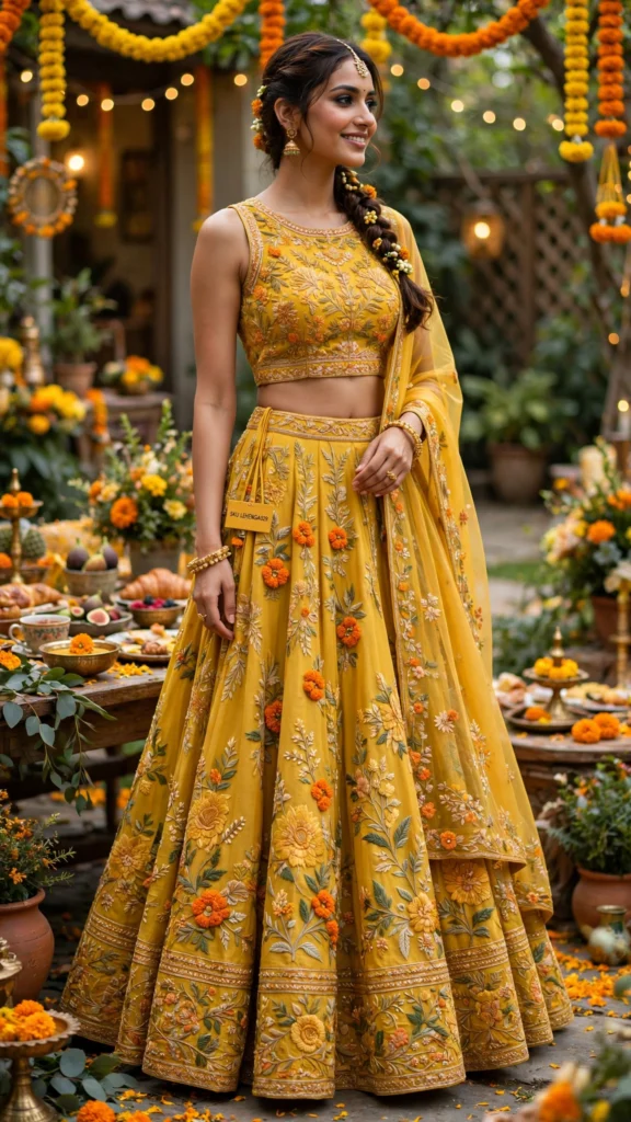 Sun-Kissed Mustard Floral Embroidered Lehenga Set – Festive Haldi Edit - Photo 3