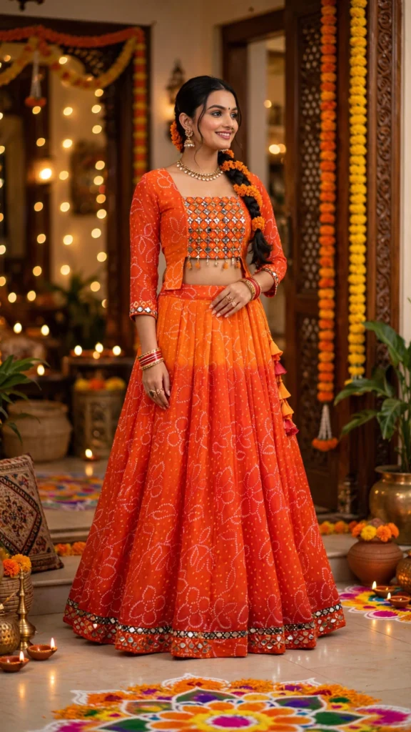 Vibrant Bandhani Mirror-Work Lehenga Choli Set – Available in Radiant Orange & Kaleidoscope Multi-Colour - Photo 1