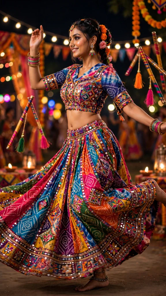 Vibrant Bandhani Mirror-Work Lehenga Choli Set – Available in Radiant Orange & Kaleidoscope Multi-Colour - Photo 2