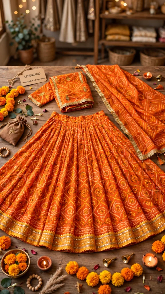 Vibrant Bandhani Mirror-Work Lehenga Choli Set – Available in Radiant Orange & Kaleidoscope Multi-Colour - Photo 3
