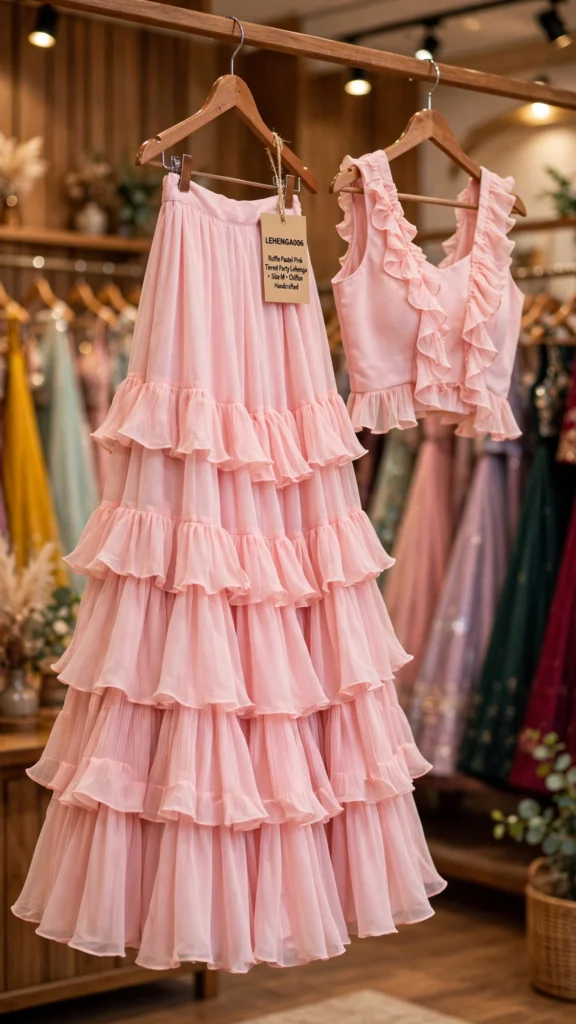 Enchanting Pastel Pink Festive Lehengas – Available in Tiered Ruffle Chiffon & Floral Embellished Silk - Photo 1