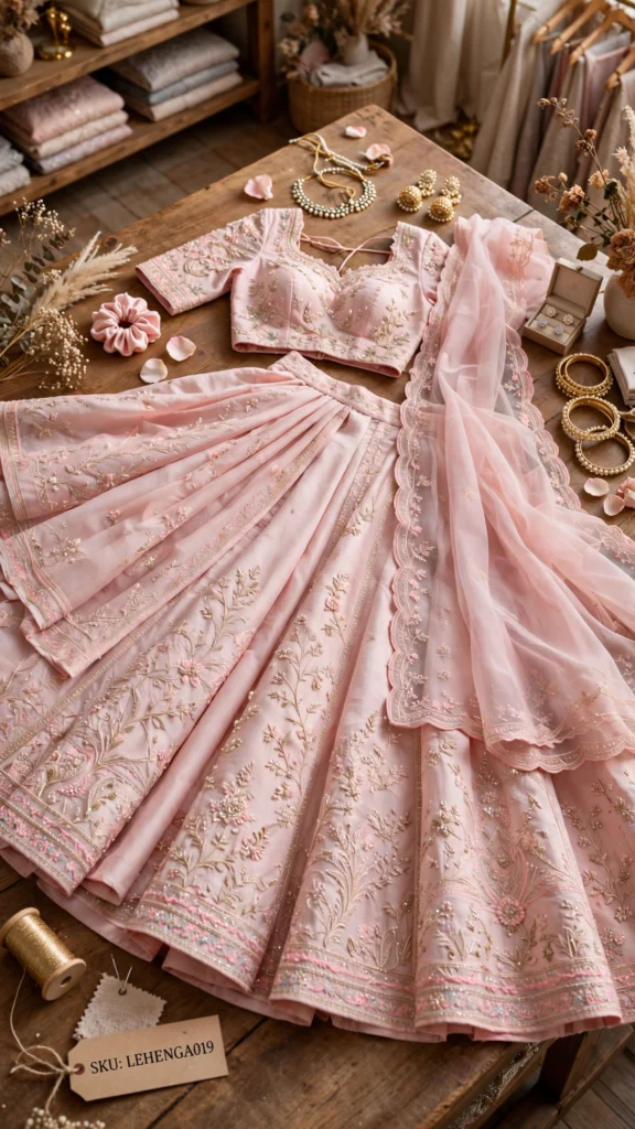 Enchanting Pastel Pink Festive Lehengas – Available in Tiered Ruffle Chiffon & Floral Embellished Silk - Photo 3