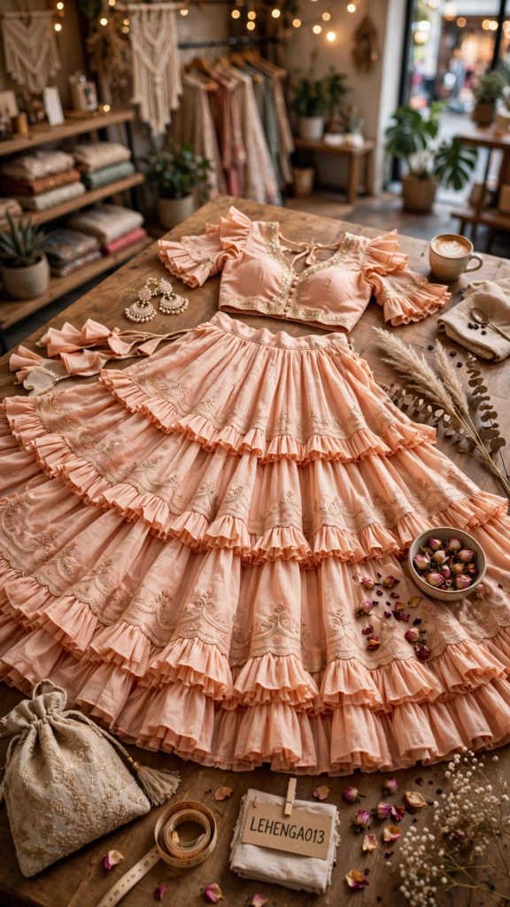 Ethereal Tiered Ruffle Lehenga Choli Set – Available in Pastel Pink & Soft Peach - Photo 1