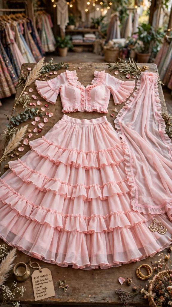 Ethereal Tiered Ruffle Lehenga Choli Set – Available in Pastel Pink & Soft Peach - Photo 3