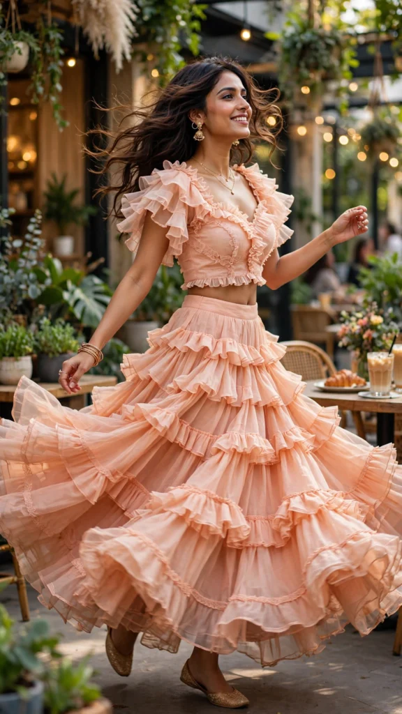 Ethereal Tiered Ruffle Lehenga Set – Available in Peach & Multicolour - Photo 1