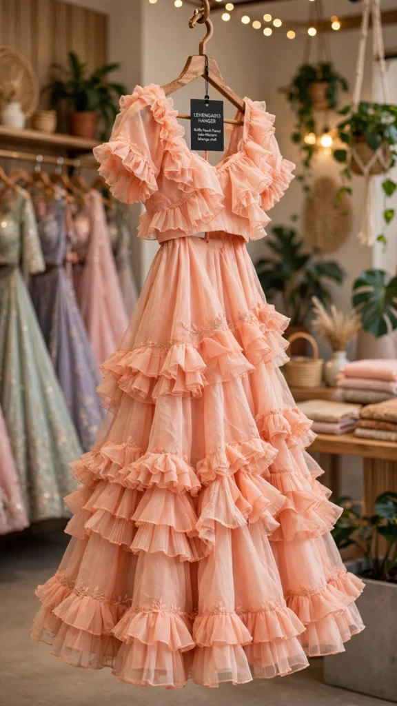 Ethereal Tiered Ruffle Lehenga Set – Available in Peach & Multicolour - Photo 2