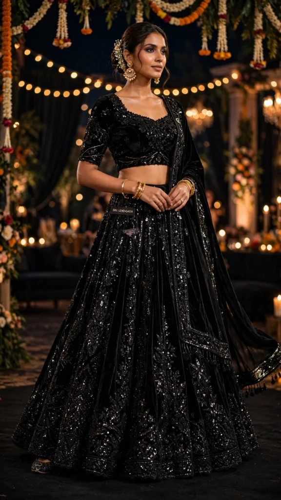 Midnight Noir Velvet Embellished Lehenga Set - Photo 1