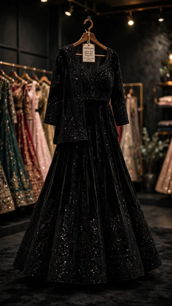 Midnight Noir Velvet Embellished Lehenga Set - Photo 2