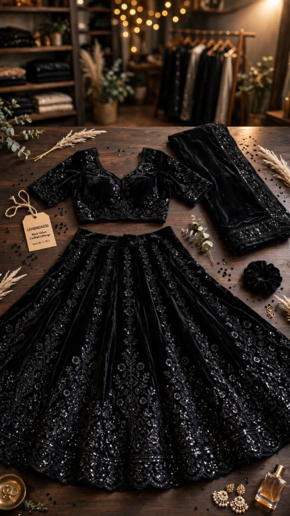 Midnight Noir Velvet Embellished Lehenga Set - Photo 3
