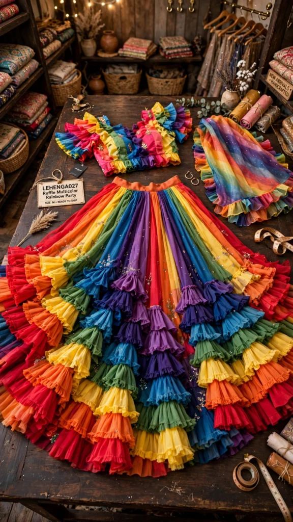 Rainbow Ruffled & Embroidered Velvet Lehenga Sets – Available in Rainbow Multicolour & Royal Red - Photo 2