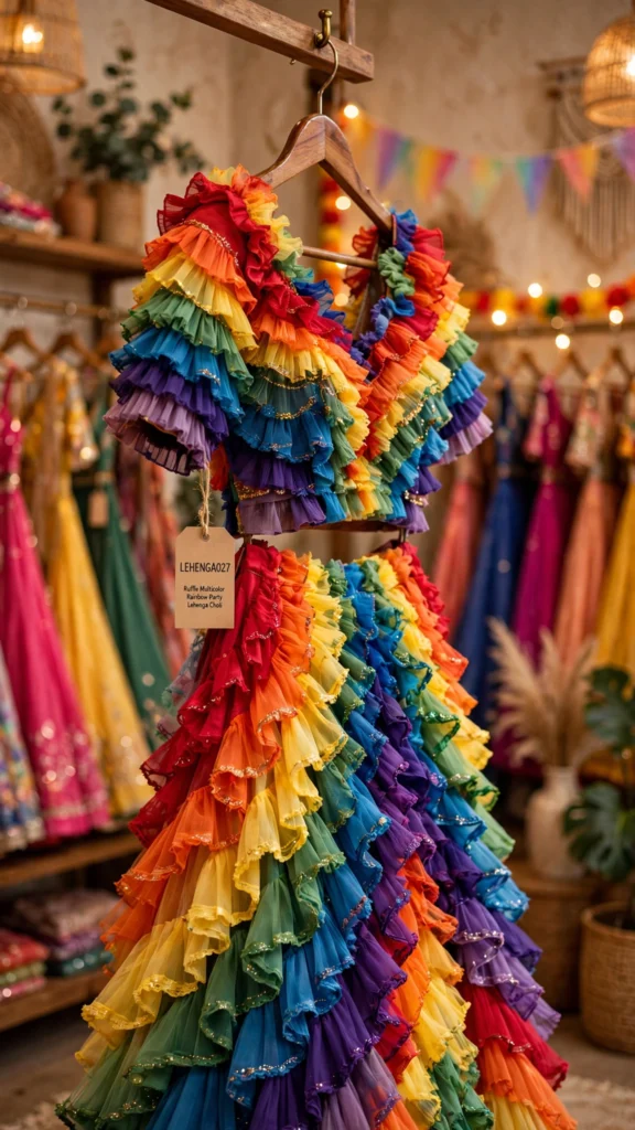Rainbow Ruffled & Embroidered Velvet Lehenga Sets – Available in Rainbow Multicolour & Royal Red - Photo 3