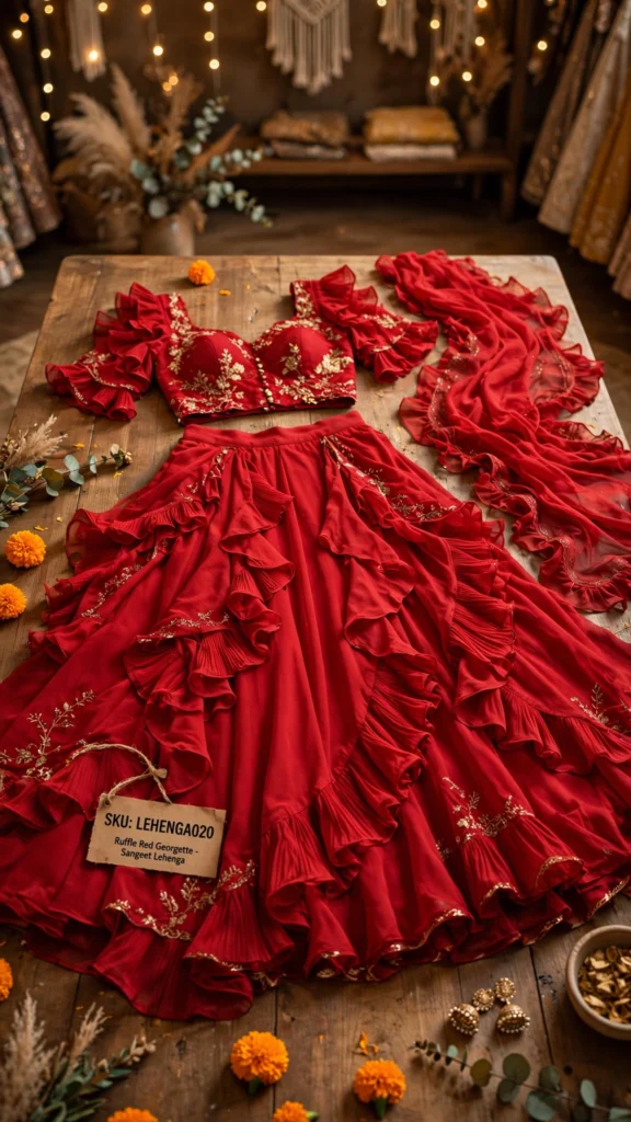 Scarlet Ruffle-Layered Georgette Lehenga Set – Festive Elegance Collection - Photo 1