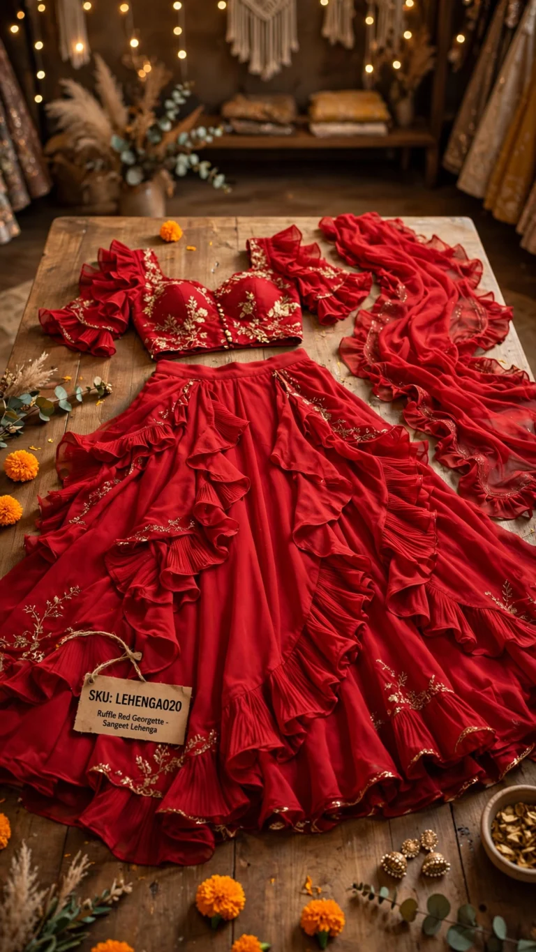 Scarlet Ruffle-Layered Georgette Lehenga Set – Festive Elegance Collection