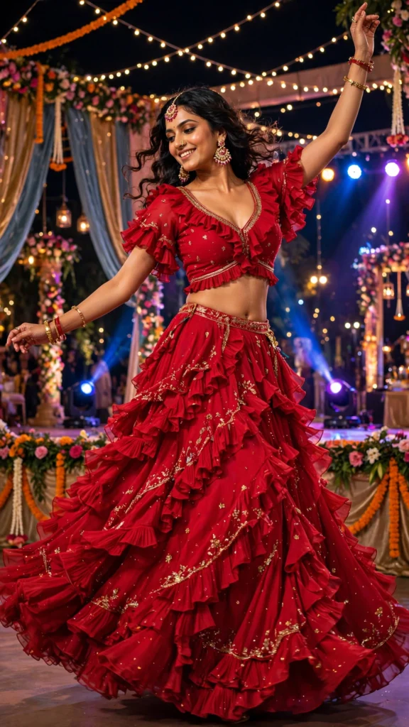 Scarlet Ruffle-Layered Georgette Lehenga Set – Festive Elegance Collection - Photo 2