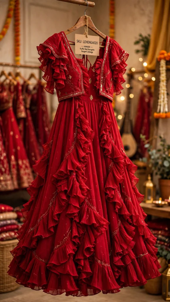 Scarlet Ruffle-Layered Georgette Lehenga Set – Festive Elegance Collection - Photo 3