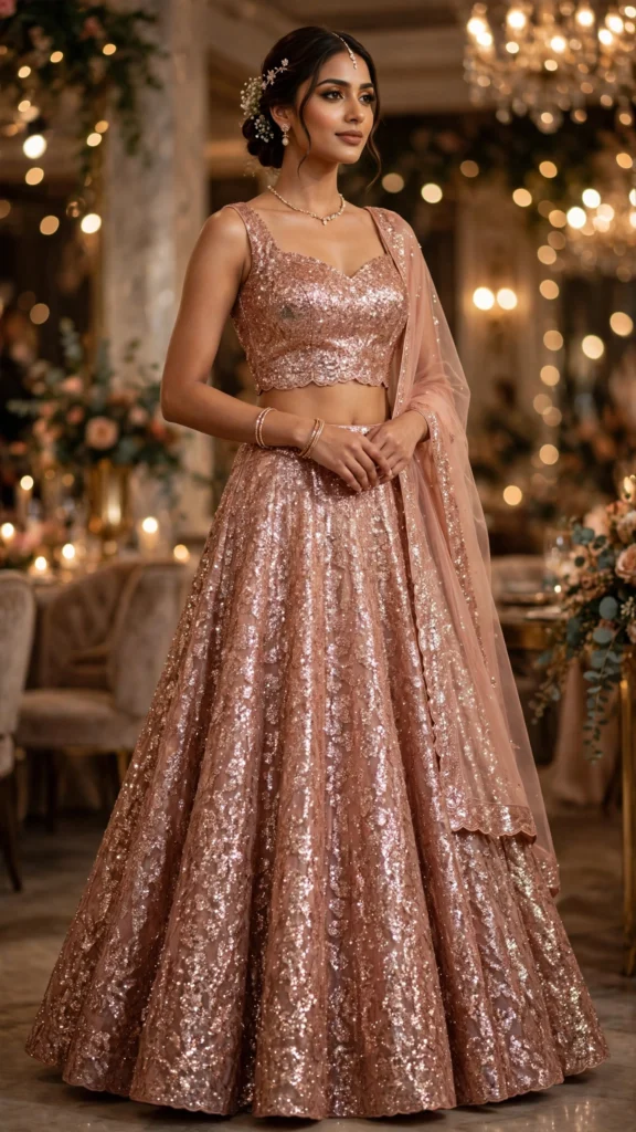 Aura of Radiance Sequinned Rose Gold Lehenga Set - Photo 3