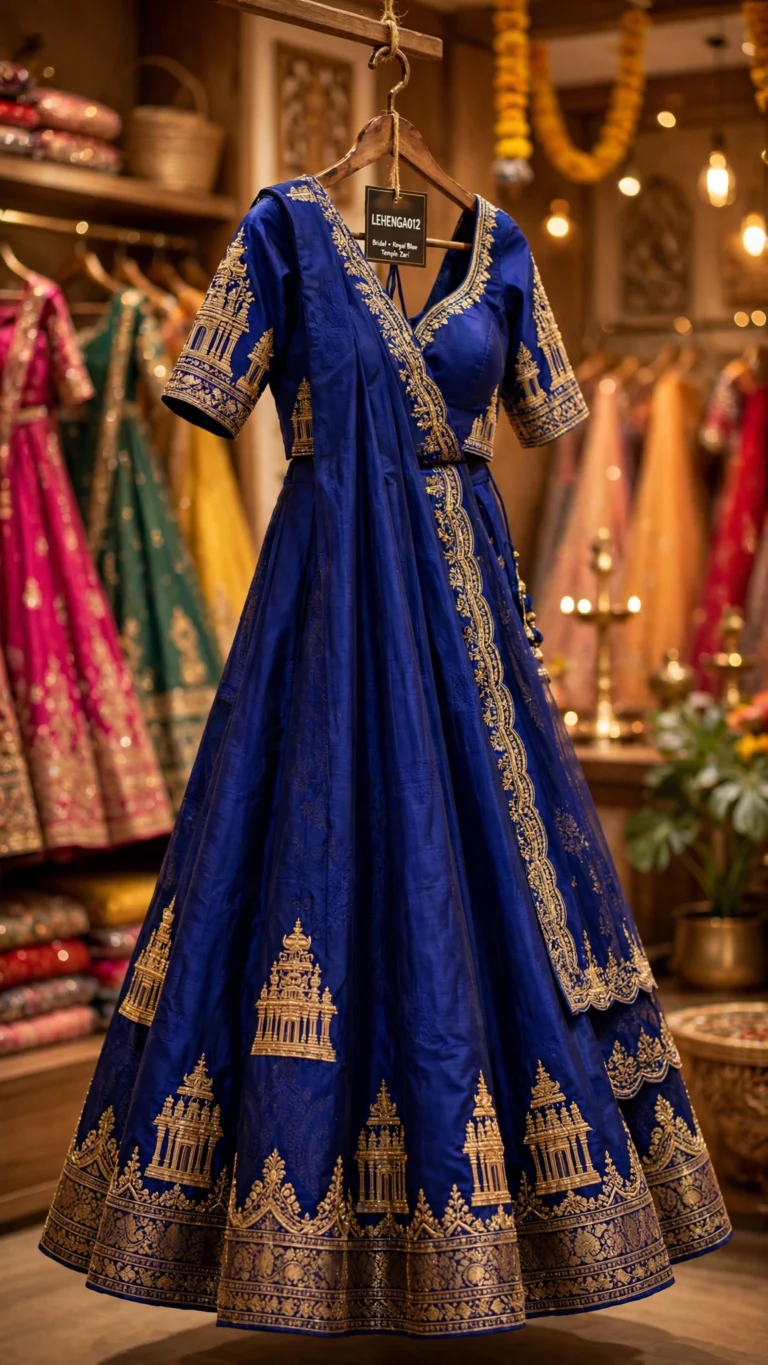 Heritage Temple Motif Embroidered Royal Blue & Shimmering Silver Lehengas – Available in Royal Blue & Shimmering Silver