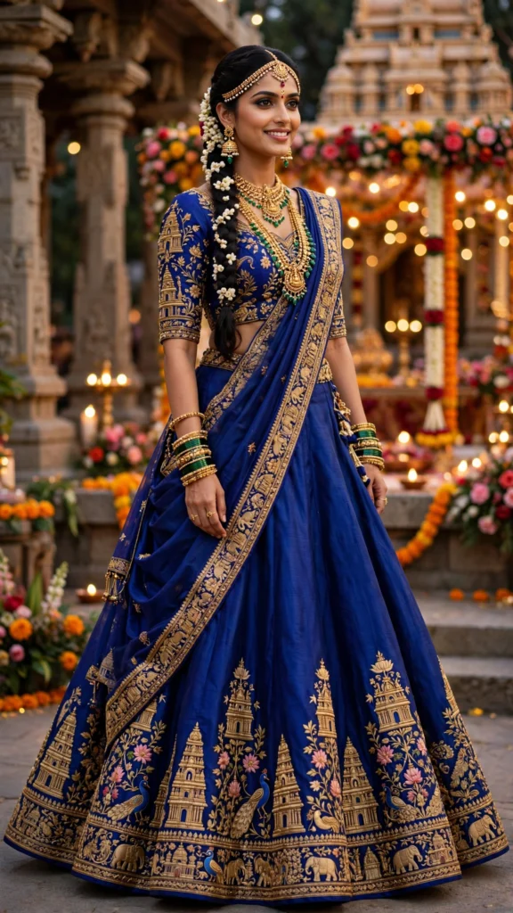 Enchanting Temple Motif Lehenga Set – Available in Midnight Blue & Shimmering Silver - Photo 1