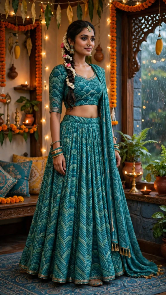 Ethereal Teal Wave Shibori-Style Chanderi Lehenga Set – Available in Teal and Ocean Blue - Photo 2