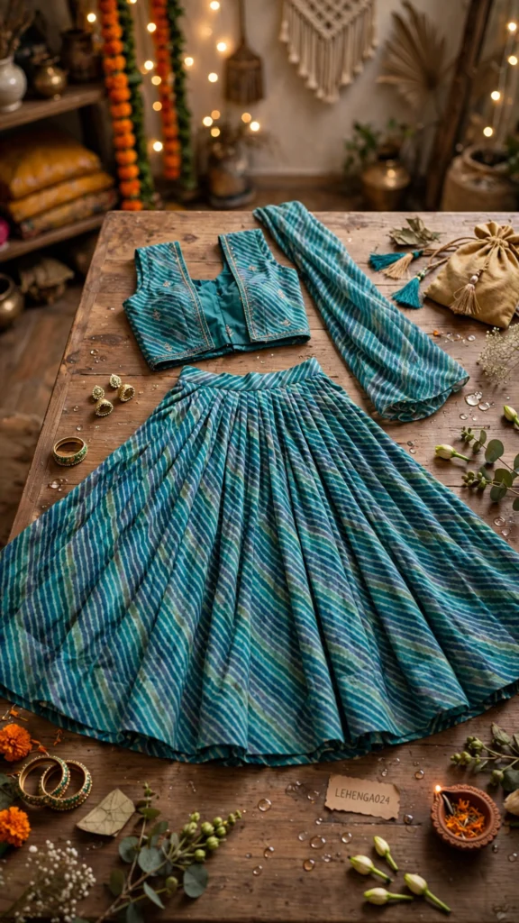 Ethereal Teal Wave Shibori-Style Chanderi Lehenga Set – Available in Teal and Ocean Blue - Photo 3