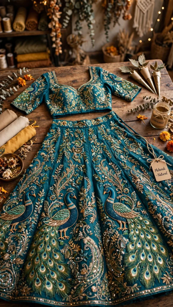 Peacock Symphony Embroidered Silk Lehenga Set – Teal - Photo 2