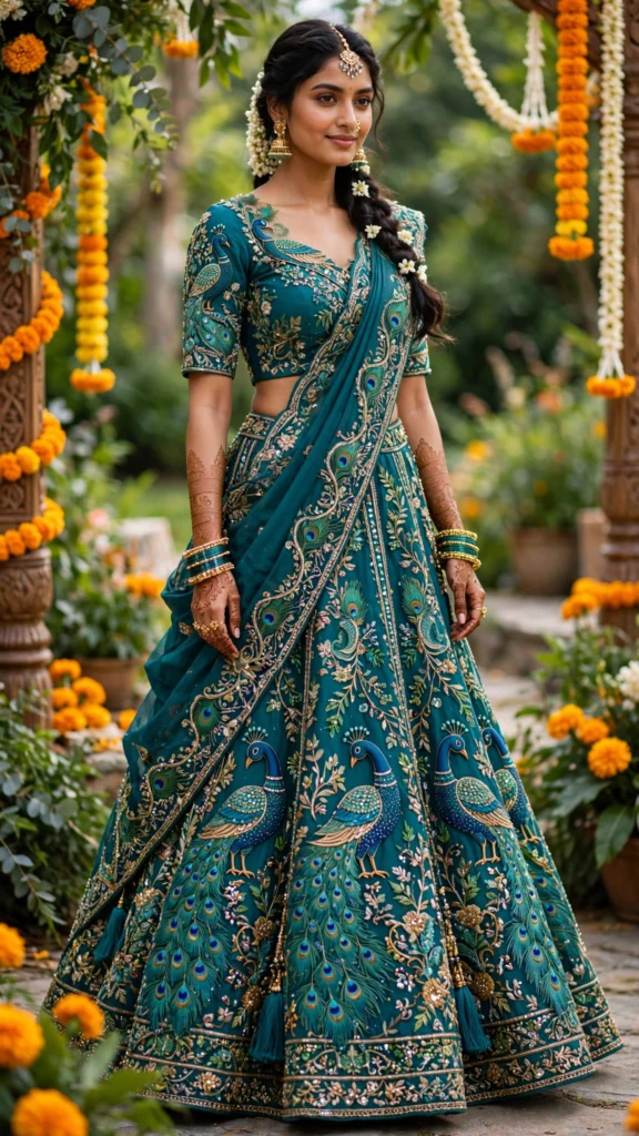 Peacock Symphony Embroidered Silk Lehenga Set – Teal - Photo 3