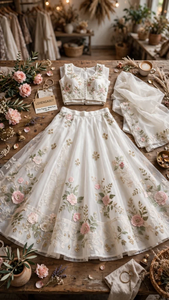 Opulent Organza Floral Embroidered Lehenga Set – Available in Pristine Ivory & Royal Maroon - Photo 3