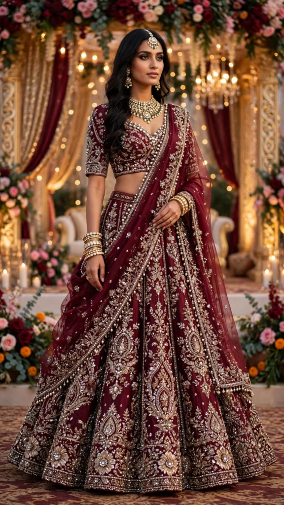 Royal Wine Velvet Embroidered Bridal Lehenga Set – Elegance Redefined - Photo 1