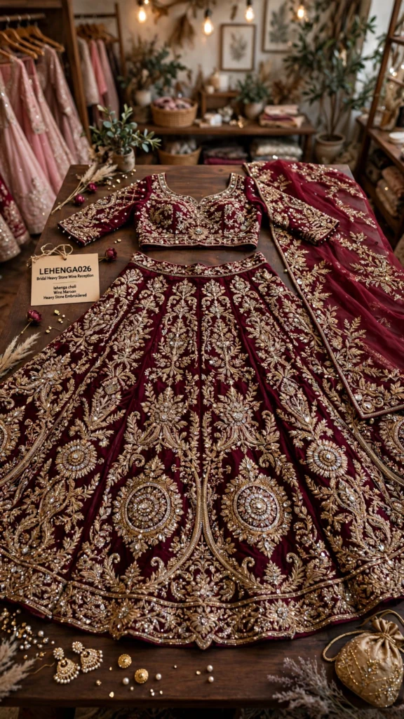 Royal Wine Velvet Embroidered Bridal Lehenga Set – Elegance Redefined - Photo 2