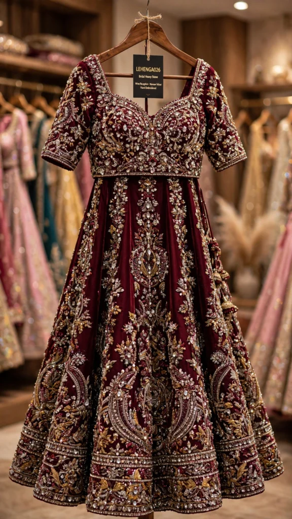 Royal Wine Velvet Embroidered Bridal Lehenga Set – Elegance Redefined - Photo 3