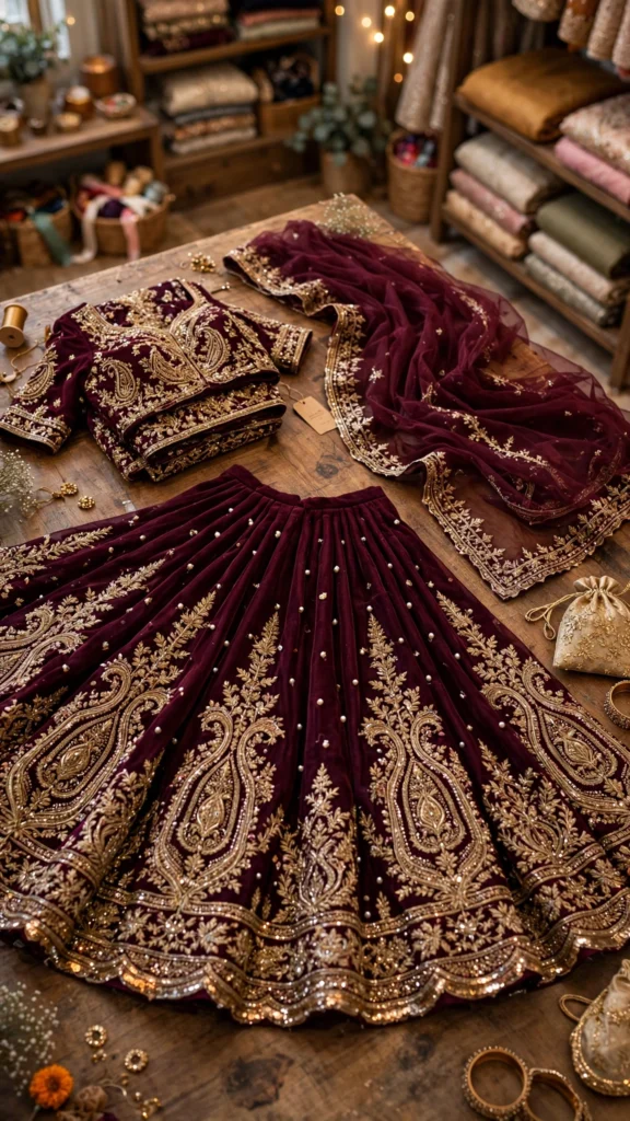Opulent Hand-Embroidered Shimmer Silk Lehengas – Available in Champagne Gold & Regal Maroon - Photo 1