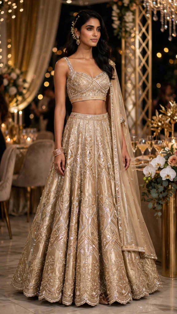 Opulent Hand-Embroidered Shimmer Silk Lehengas – Available in Champagne Gold & Regal Maroon - Photo 2