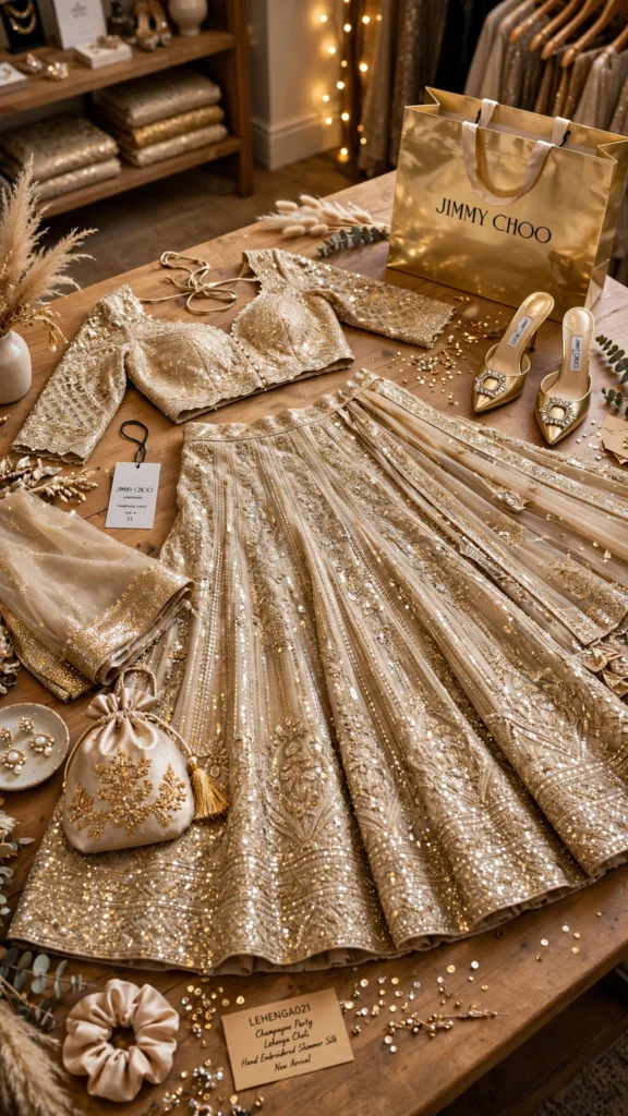 Opulent Hand-Embroidered Shimmer Silk Lehengas – Available in Champagne Gold & Regal Maroon - Photo 3
