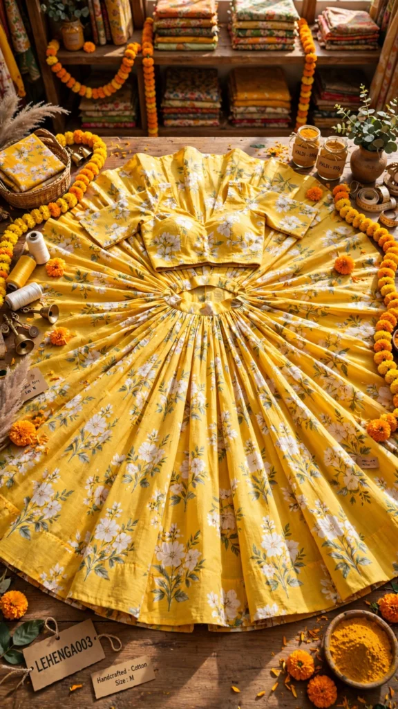 Radiant Haldi Ensemble: Handcrafted Gota Patti & Floral Printed Lehengas – Available in Sunshine Yellow Embellished & Floral Bloom - Photo 1