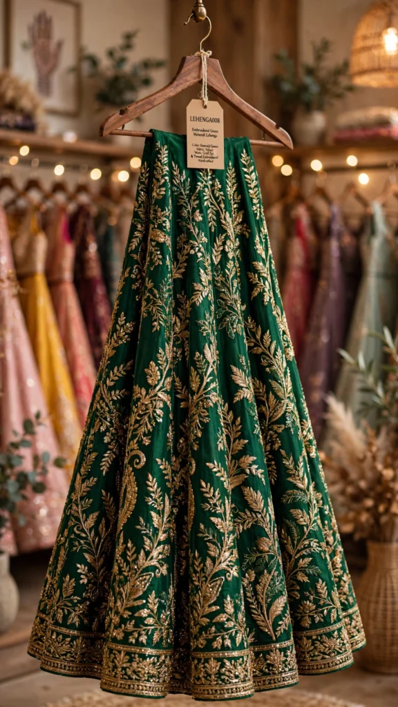 Regal Zardosi Velvet Lehenga Set – Available in Emerald Green & Antique Gold - Photo 1