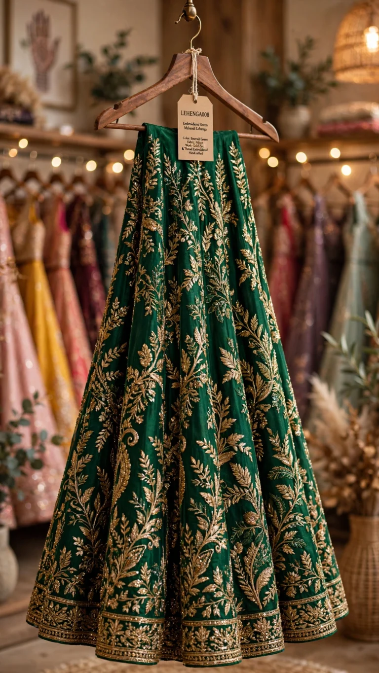 Regal Zardosi Velvet Lehenga Set – Available in Emerald Green & Antique Gold