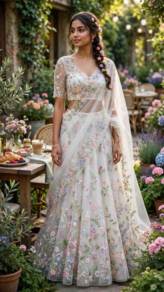 Ethereal Floral & Ruffled Ethnic Lehengas – Available in Pastel Pink, Ivory Floral & Royal Velvet Red - Photo 3