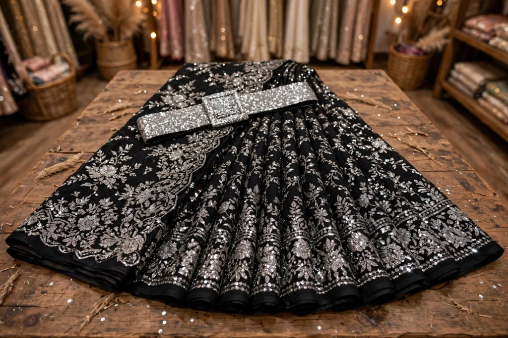 Opulent Embellished Shimmer Saree Collection – Available in Golden Glow, Midnight Black & Royal Maroon - Photo 2