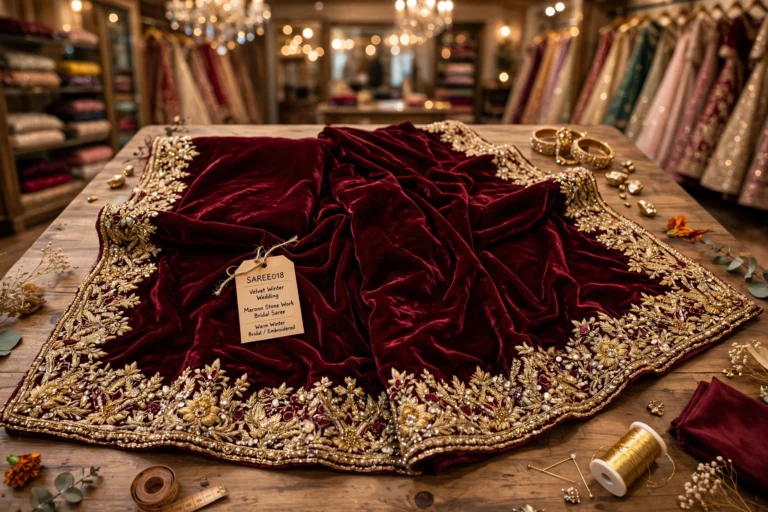 Enchanting Floral Ruffle Saree & Royal Velvet Bridal Drape – Available in Pastel Pink & Deep Maroon