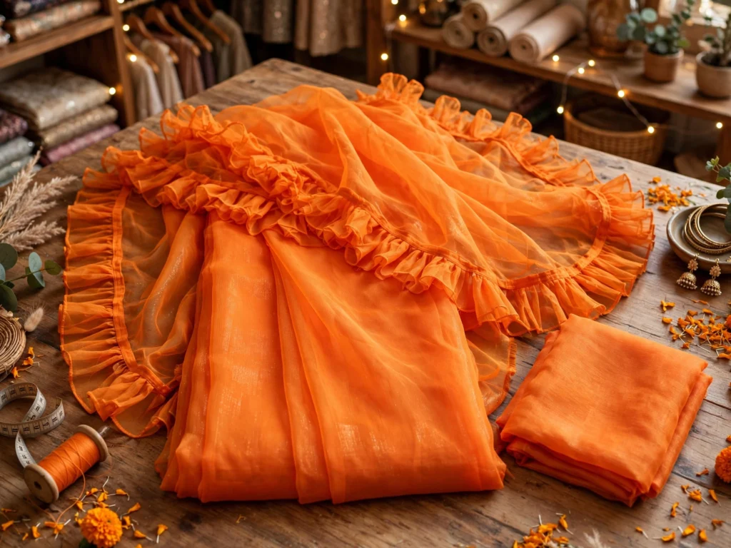 Vibrant Tangerine Ruffle Saree Set with Intricate Embroidery – Available in Tangerine & Mustard Stationery Print - Photo 2