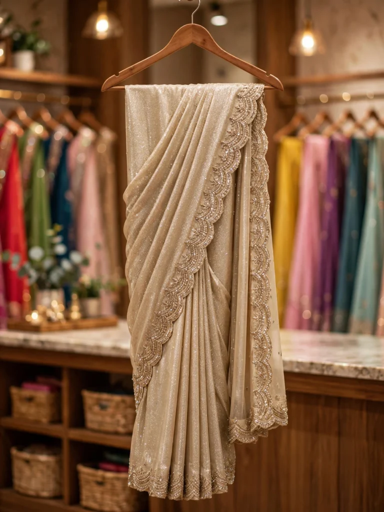 Opulent Gilded Embellished Chiffon Saree – Available in Champagne Gold & Pristine Ivory