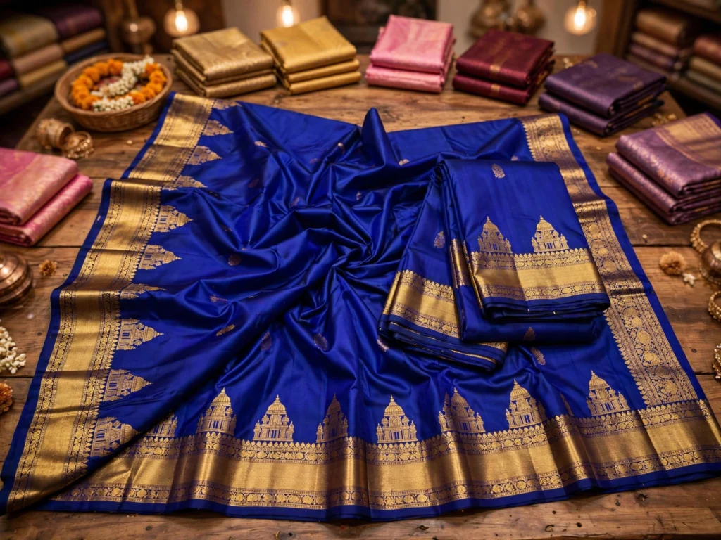 Timeless Temple Motif Silk Saree with Grand Zari Border – Available in Royal Blue & Crimson Red - Photo 2