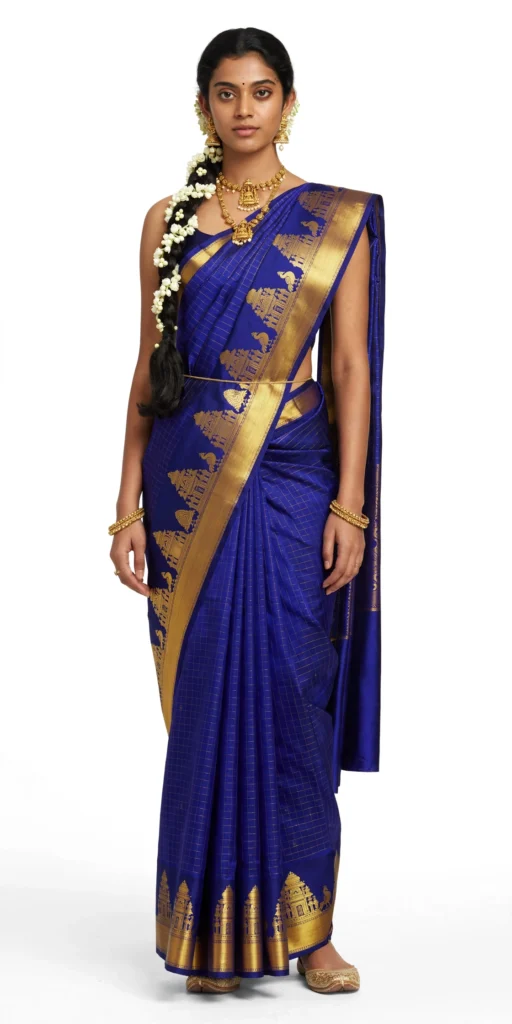 Royal Blue Kanjeevaram Silk Saree with Temple Border - Photo 1