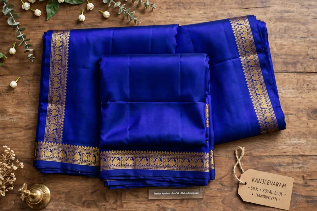 Royal Blue Kanjeevaram Silk Saree with Temple Border - Photo 3
