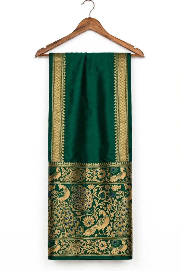 Royal Emerald Green Banarasi Silk Saree with Traditional Peacock Motif Weave