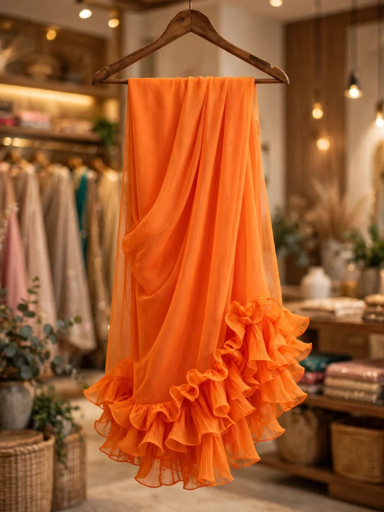 Ethereal Radiance Shimmer Saree Collection – Available in Tangerine Zest & Gilded Champagne