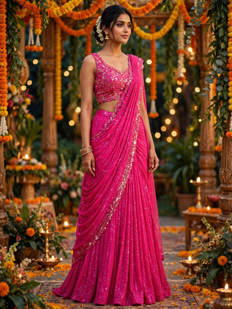 Radiant Fuchsia Sequined Drape Saree & Natural Beige Linen Wrap – Available in Fuchsia Pink & Natural Beige